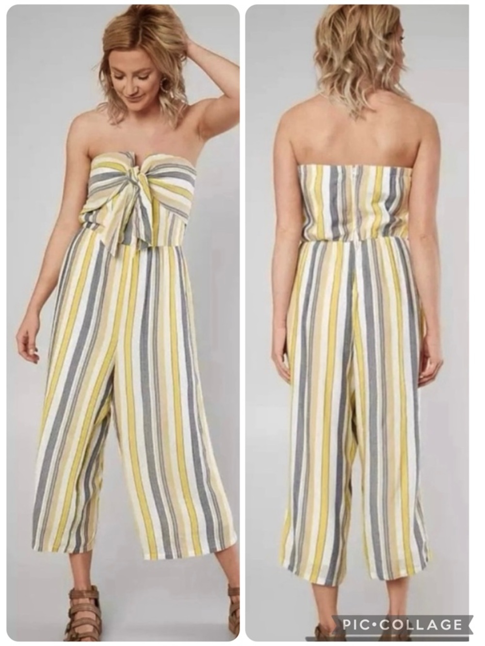Daytrip Jumpsuit Strapless Yellow Striped Cropped Wide Leg M Cocktail Summer Mod